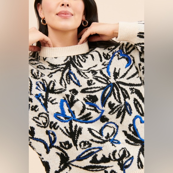 By Anthropologie Floral Pop Embroidered Wool Blend Sweater Size S - Blue - NWOT‎ - Picture 15 of 16